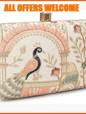 Gold-Tone Metal Frame Silk Clutch with Detachable Chain Strap